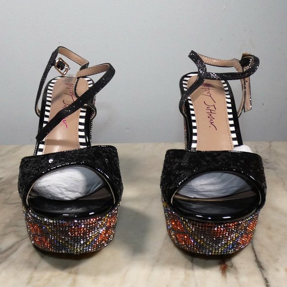 SPARKLING Betsey Johnson ALAIA sequin and rhinestone heeled platform sandals 8m - Picture 7 of 8